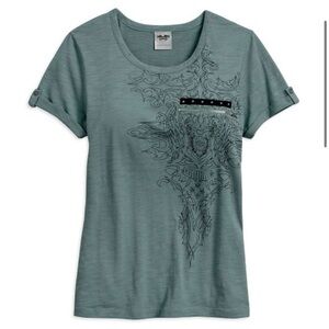 Harley-Davidson Womens Studded Graphic T-Shirt Teal Slub Knit Button Sleeve L